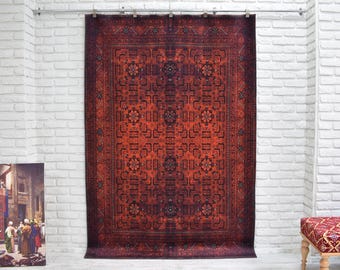 Red Afghan Rug, 6x9 Area Rug, Rustic Decor, Bold Red Rug, 5x8 Rugs, 4x6 rug, bedroom Rug, 2x3 rugs washable carpet from Turkey