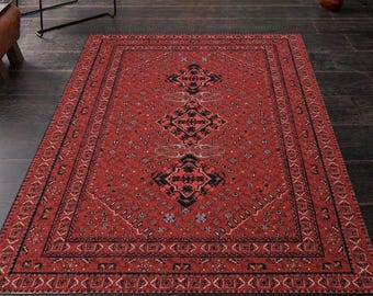 Red Area Rug:  Traditional Turkish Chenille Cotton Blend, Washable Foldable Useful Carpet