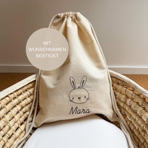 Personalisierter Turnbeutel mit Wunschname bestickt | Hase | Zuziehbeutel | Stoffbeutel | Beutel | Mädchen & Junge | Geschenk