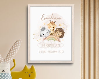 Personalisiertes Poster Geburt | Geburtsdaten | Größe | Gewicht | Poster | Bilder | Geschenk | Regenbogen Tiere