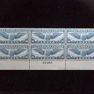 hs&c: #C24 MNH 30 cent Winged Globe Airmail plate block Tiny gum skips XF US Stamp