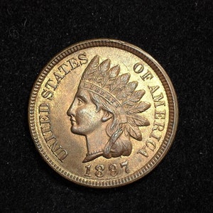 HS&C: 1897 Indian Head Penny/Cent Red full lustre coin. Very choice Ms-65 Red - US Coin