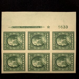 HS&C: Scott #383 Mint 1 cent Franklin right margin block of six, imprint and PL #5633. A Beauty! xf NH Stamp