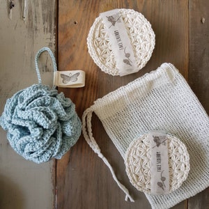 Eco friendly bath room accessory set, set of 4, crochet cotton shower pouf, 3 cotton crochet face scrubbies, 2 cotton mesh soap saver pouches, 1 knitted cotton kitchen cloth