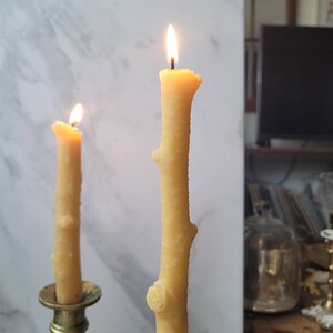 burning 2 birch branch taper candles, natural shape makes rustic home decor, comfort atmosphere