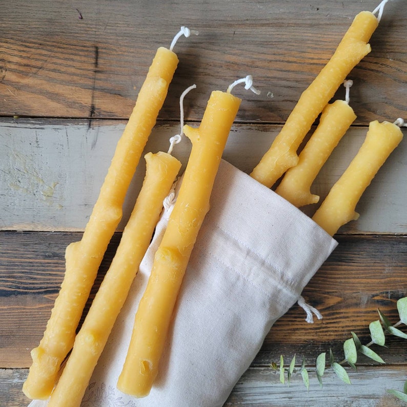 birch branch beeswax taper candles, set of 3 package, reusable cotton pouch package