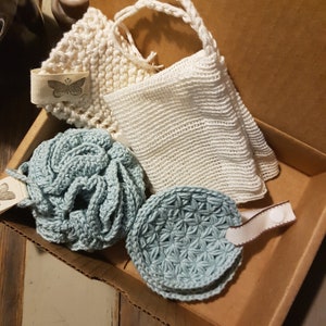 Eco friendly bath room accessory set, set of 4, crochet cotton shower pouf, 3 cotton crochet face scrubbies, 2 cotton mesh soap saver pouches, 1 knitted cotton kitchen cloth