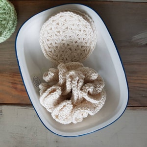 crochet cotton shower pouf and face scrubbies in white color, 100% cotton