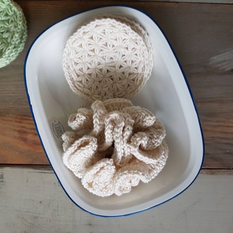 crochet cotton shower pouf and face scrubbies in white color, 100% cotton