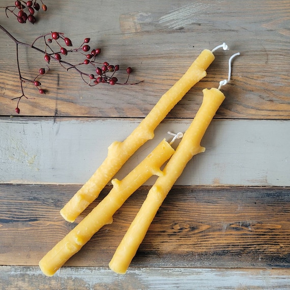Beeswax Taper Candles, Birch Bark Design - Set of 3, Rustic Wedding Decor