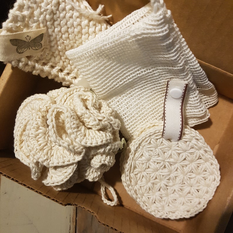 Eco friendly bath room accessory set, set of 4, crochet cotton shower pouf, 3 cotton crochet face scrubbies, 2 cotton mesh soap saver pouches, 1 knitted cotton kitchen cloth