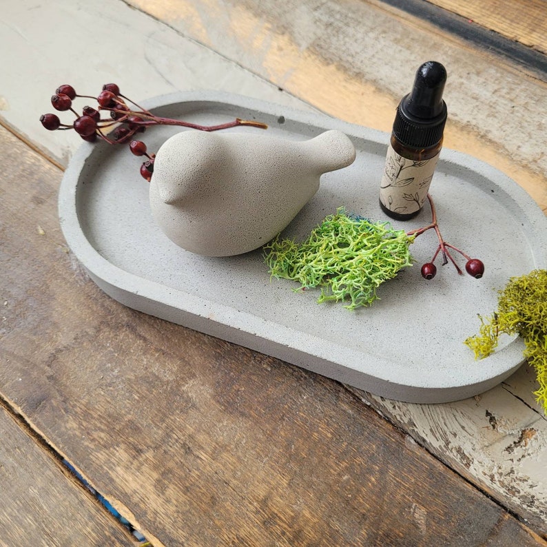 concrete bird ornament, oval display tray with essential oil Set of 3, your choice of essential oil blend, home decor bird ornament