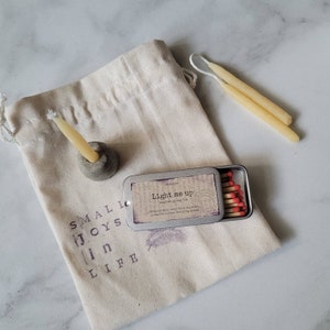 hand dipped tiny beeswax candle set, candle holder, tin matches, cotton pouch