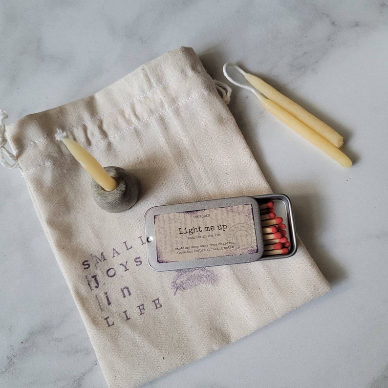hand dipped tiny beeswax candle set, candle holder, tin matches, cotton pouch