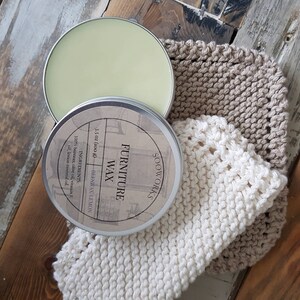 furniture wax in a tin container, your choice of finish, add on item, knitted cotton cloth