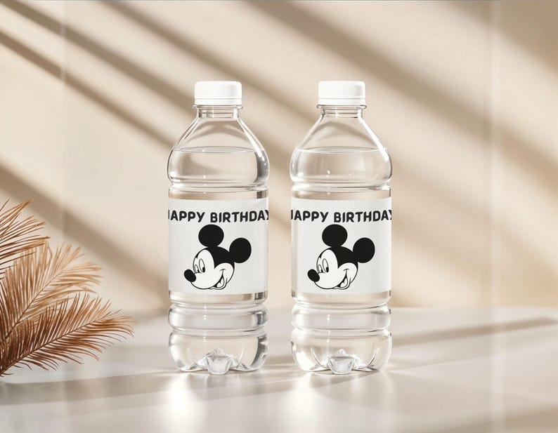 May include: Two clear plastic water bottles with white caps. Each bottle has a label with the text "HAPPY BIRTHDAY" and a black and white Mickey Mouse graphic. The bottles are filled with clear liquid.