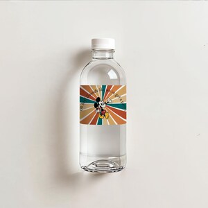 May include: Clear plastic water bottle with a white cap. The bottle has a label featuring Mickey Mouse in a retro design with the text "Oh boy, I've got a plan". The label has a retro color scheme of orange, teal, and brown.