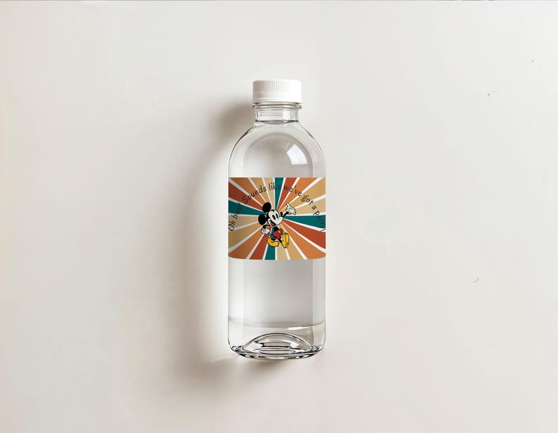 May include: Clear plastic water bottle with a white cap. The bottle has a label featuring Mickey Mouse in a retro design with the text "Oh boy, I've got a plan". The label has a retro color scheme of orange, teal, and brown.