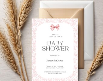 Puede incluir: Invitación a una baby shower rosa con fondo blanco y un lazo rosa. La invitación incluye el texto "Por favor, únase a nosotros para una baby shower" y el nombre "Samantha Jones".