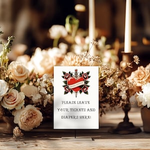 Windel-Verlosung, Traditionelle Tattoo-Babyparty, Tattoo-Themen-Babyparty, Windel-Verlosung Zeichen und Tickets, Windel-Verlosung, Rockabilly