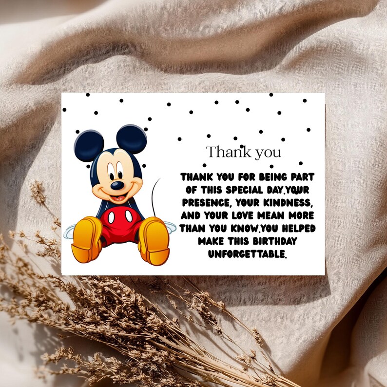 Mickey Mouse Birthday Thank You Card: Editable Canva Template (digital ...