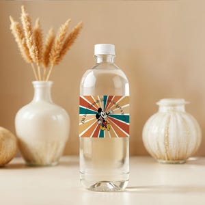May include: A clear plastic water bottle with a white cap. The bottle has a colorful label featuring Mickey Mouse and the text "Oh boy, sounds like we've got a party!" Decorative vases and a sphere are in the background.