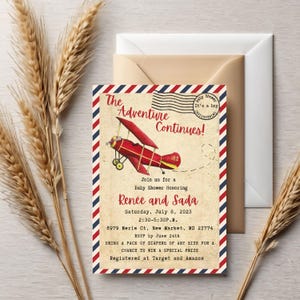 Airplane Baby Shower Invitation Suite, Vintage Plane Up Up and Away Invite, Adventure Begins Invitation, Aviation Boy Baby Shower, canva