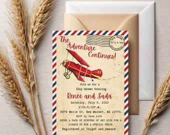 Vintage Airplane Baby Shower Invitation: Adventure Awaits (Canva Template)