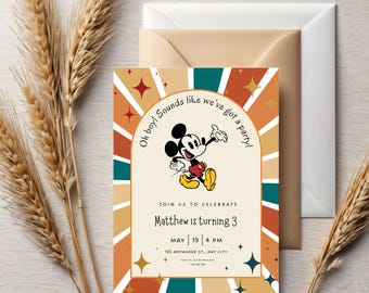 Vintage Mickey Mouse Birthday Invitation, Retro Disney Party (Editable Canva Template)
