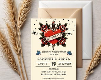 Traditional Tattoo Bridal Shower Invitation: Rockabilly Old School Design Digital Download 5x7" Template