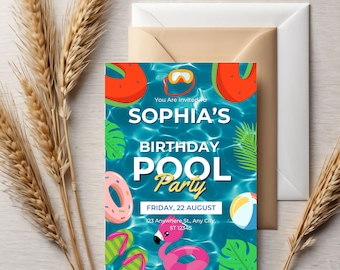 Kids Pool Party Birthday Invitation, Summer Swim Template, Canva Editable Digital Download