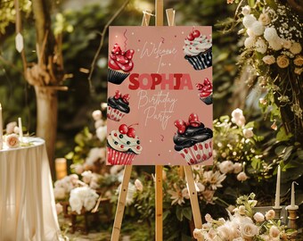 Minnie Mouse Birthday Welcome Sign: Bow Cupcake Party Decor Digital Download 36x24"