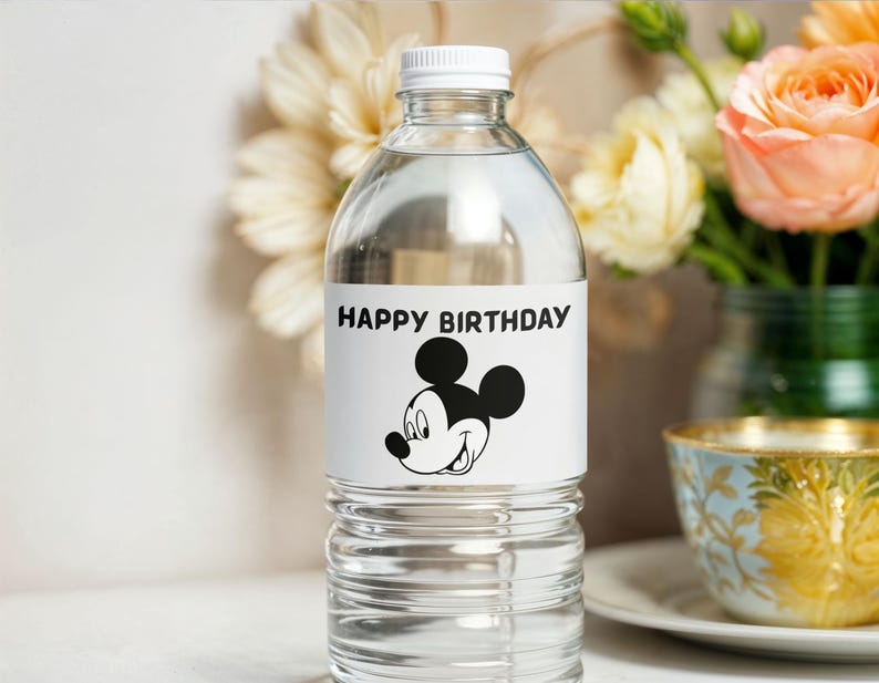 May include: Clear plastic water bottle with a white cap. The label features the text "HAPPY BIRTHDAY" above a black and white illustration of Mickey Mouse. The bottle is filled with clear liquid. Flowers and a teacup are in the background.