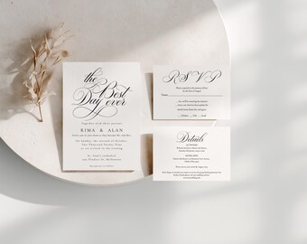 Könnte beinhalten: Ein Hochzeitseinladungsset bestehend aus einer Hauptkarte mit dem Text The Best Day ever, einer RSVP-Karte und einer Detailkarte. Das Briefpapier ist weiß mit schwarzer Schrift. Ein getrockneter botanischer Zweig liegt auf der linken Seite.