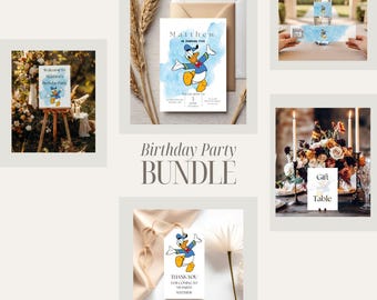 Puede incluir: Un conjunto de artículos para fiestas con el tema de Donald Duck. Incluye invitaciones, un letrero de bienvenida, una tarjeta de mesa de regalo, etiquetas para botellas de agua y etiquetas de agradecimiento. La invitación tiene un fondo de acuarela azul.