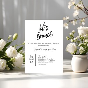 May include: A white card with black text announcing a birthday brunch celebrating Sophia's 25th birthday. The card includes the date, time, location, and RSVP information.