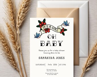 Traditional Tattoo Baby Shower Invitation: Rockabilly Old School (Editable Digital Download)