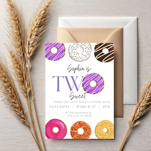 Donut Two Sweet Birthday Invitation: Pink Girl 2nd Birthday (Digital Download)