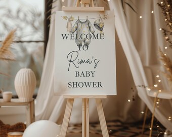 Aquarell Baby Shower Willkommensschild Vorlage, bearbeitbares Wäscheleine Poster (Digitaler Download)