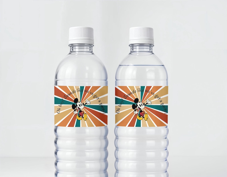 May include: Two clear plastic water bottles with white caps. Each bottle has a label featuring Mickey Mouse with the text "Oh boy! Sounds like we've got a party!" in a retro color scheme of orange, teal, and brown.