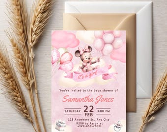 Minnie Mouse Baby Shower Invitation: Pink Polka Dots, Editable Template (Instant Download)