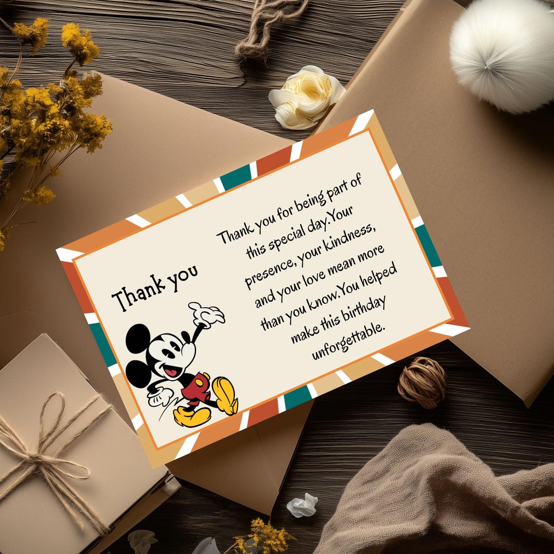Vintage Mickey Mouse Birthday Thank You Card: Editable Canva Template ...