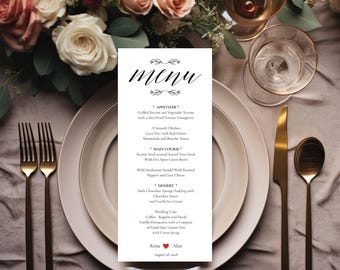 Minimalistisches Hochzeitsmenü Vorlage, Elegante Kalligraphie (Canva, Instant Download)