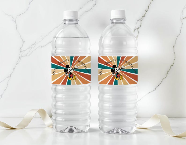 May include: Two clear plastic water bottles with white caps. Each bottle has a label featuring Mickey Mouse and the text "Oh boy sounds like we've got a party". The label has a retro color scheme of orange, teal, and brown.