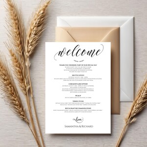 May include: A wedding welcome card with the word "welcome" in elegant script. The card includes event details, a shuttle service schedule, ceremony and reception information, and restaurant recommendations. The card is accompanied by wheat stalks and an envelope.