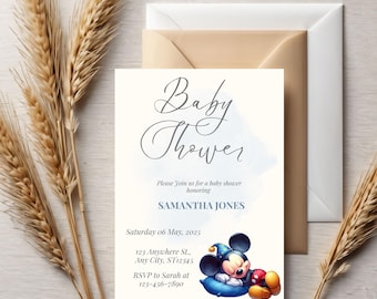 Mickey Mouse-uitnodiging voor babyshower – bewerkbare sjabloon (digitale download)