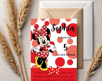 Minnie Mouse Birthday Invitation Template: Red Polka Dots (Canva Editable)