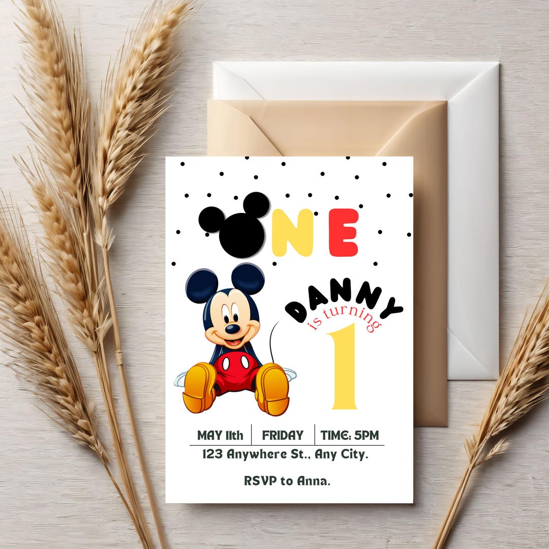 Mickey Mouse 1st Birthday Invitation: Editable Canva Template - Etsy