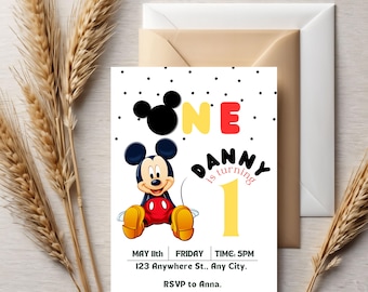 Mickey Mouse 1st Birthday Invitation: Editable Canva Template
