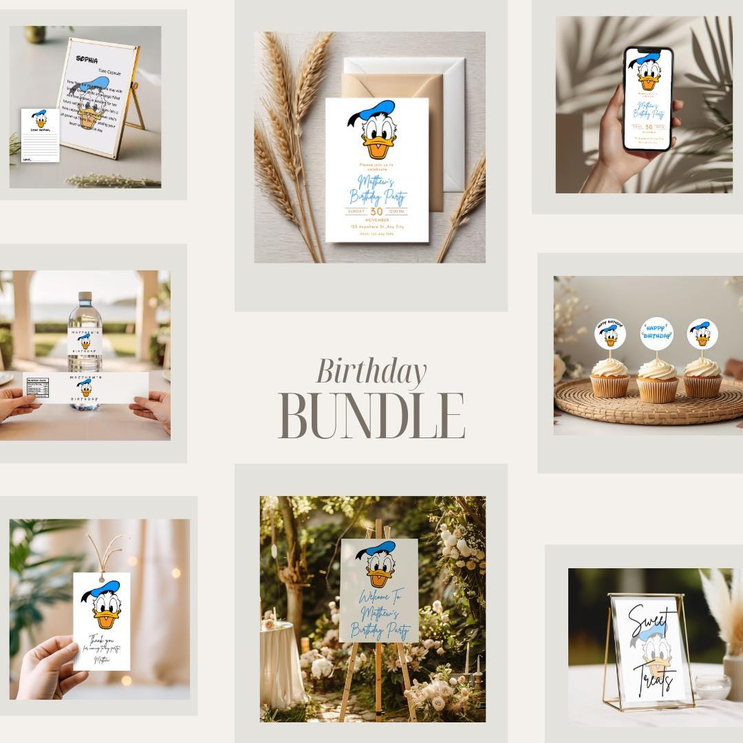 Donald Duck Birthday Party Bundle – Printable & Editable Invitation ...